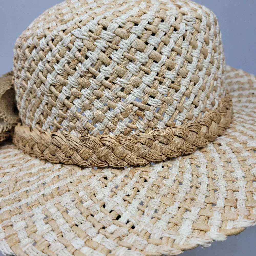 Vtg Cottage Core Straw Weaved Sun Hat Cream Beige Checked‎ Burlap Flower Braided